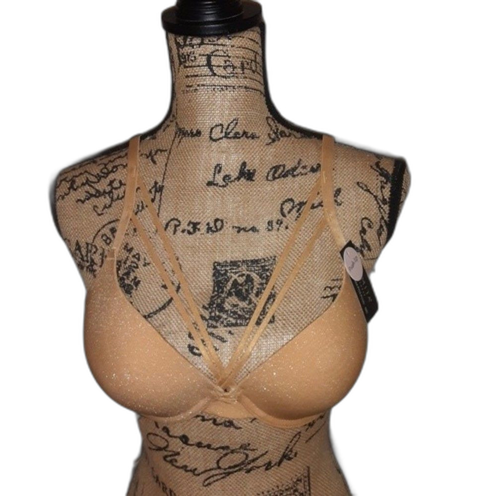 Youmita Pale Gold Glittery Fabric Cross Front 38C Bra NWT